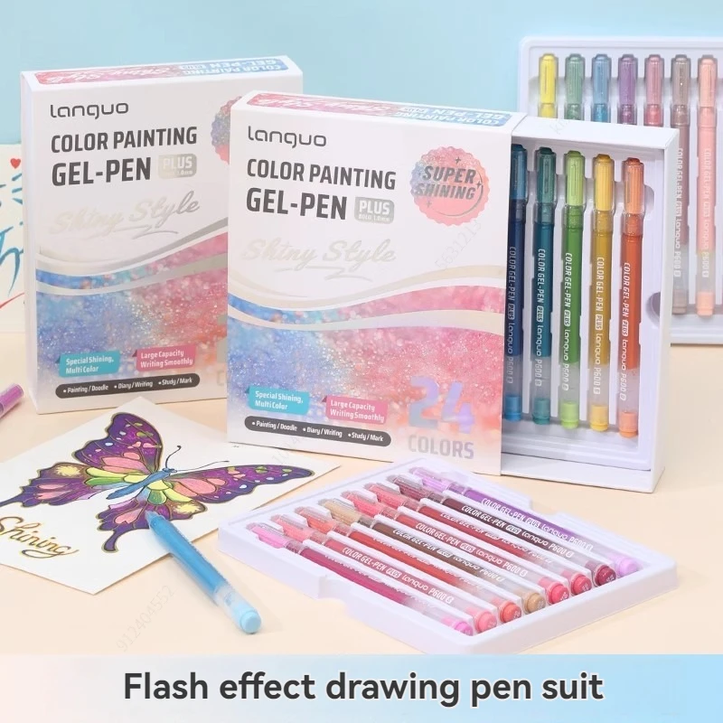 

16/24 Colors Flash Effect Gel Pen Painting Set, Flash Powder Highlighter Hand Account Mark Large Capacity Graffiti Color Pen