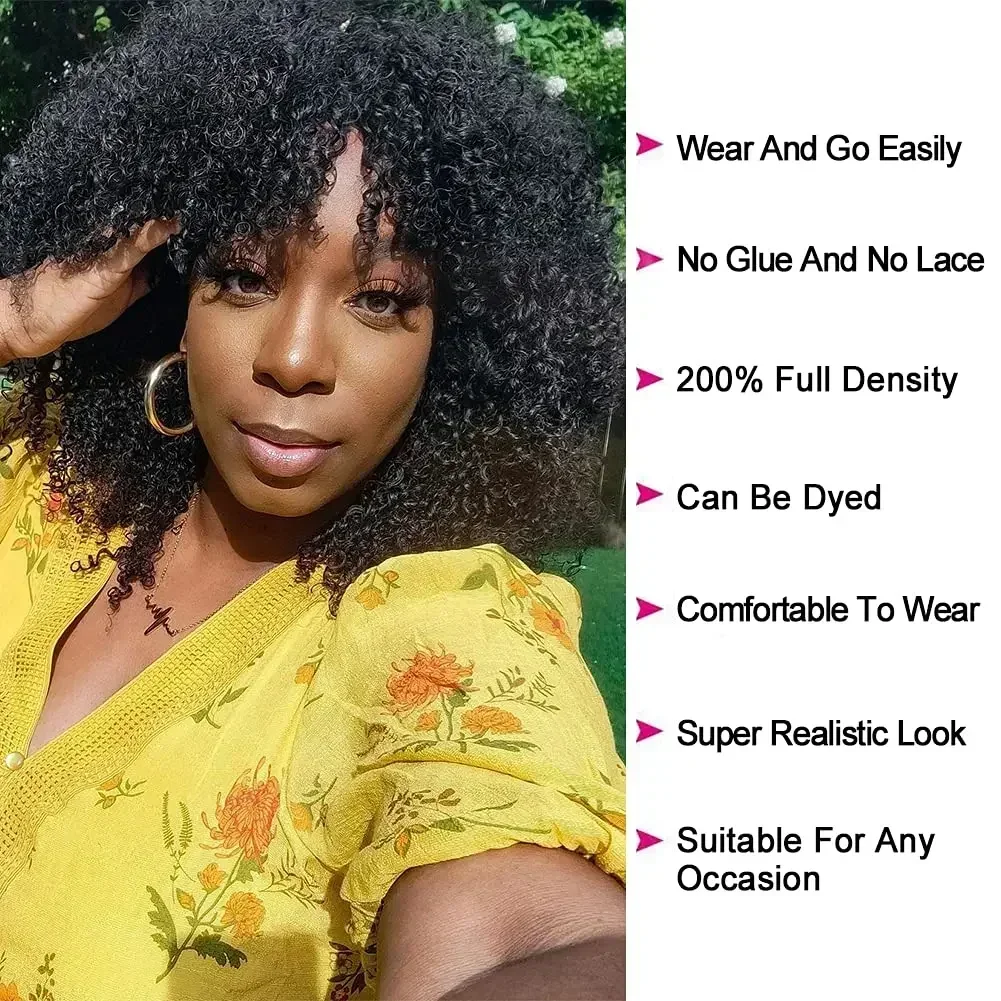 Glueless Afro Curly Human Hair Wigs With Bangs For Black Women 200% Density Kinky Curly Virgin Human Hair Wig With Bangs