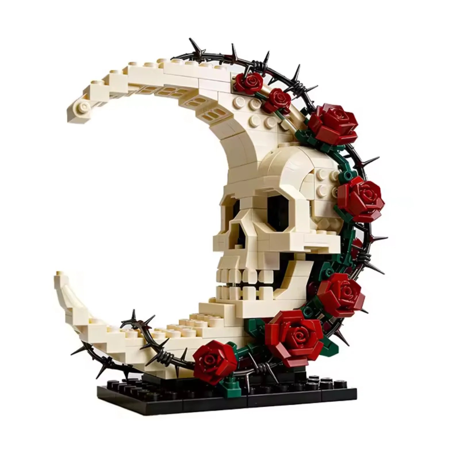 Crescent Moon Skull Building Blocks Gothic Rose Flower Bricks Kit DIY Home Ornament Halloween Gift for Adults Creative Set