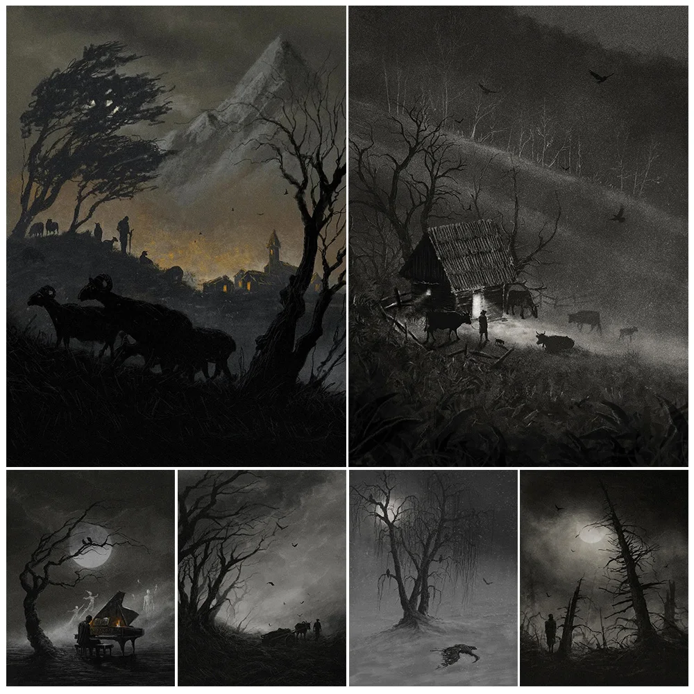 

Mountain Hut And Travelers Abstract Black-Whit Wall Art Canvas Painting Silent Mountain Forest Fantasy Art Poster Print Decor