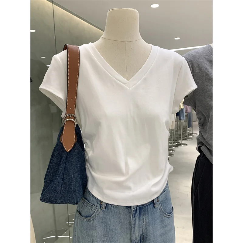 Korean Style  Color Slim Fit V Neck Short Sleeve T Shirt Women Summer Design Unique Gathered Waist Short Length Top