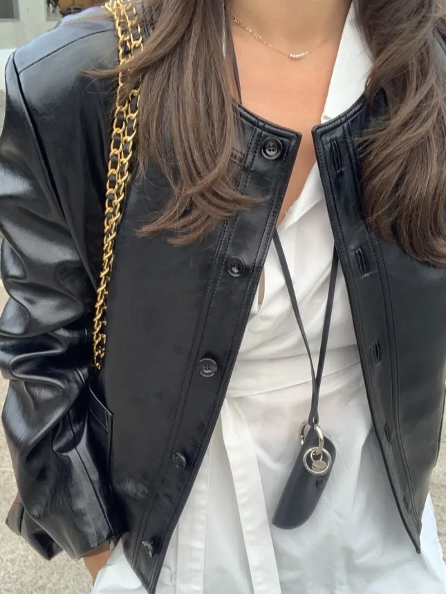 Retro Bla rund Ne Leder Jaet Damen ort Sle Herbst Winter Motorrad PU Leder Mantel Kleine Größe Trendy Neues Modell