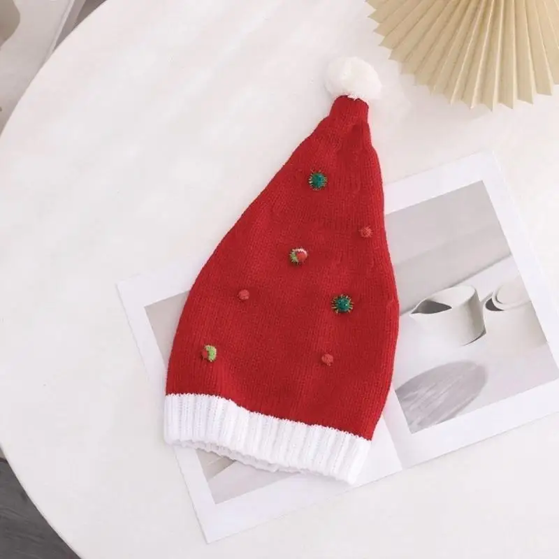 

652F Pompoms Santa Hat Thicken Knit for Holiday Comfort Liner Christmas New Year Symbol Caps with White Brim