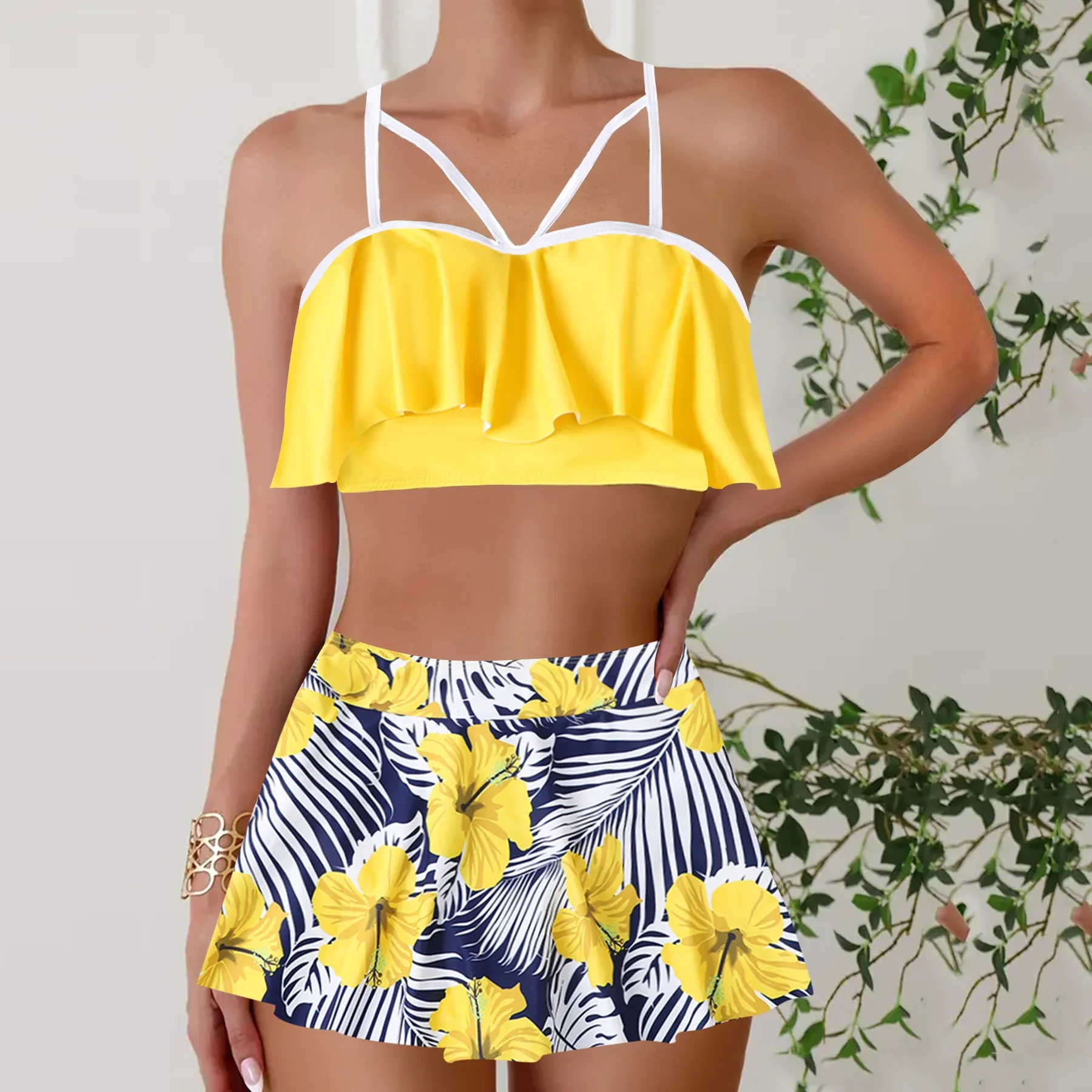 ลายดอกไม้ 2 ชิ้นชุด Tankini, กระโปรงสไตล์ Boyshorts ชุดว่ายน้ําสตรีและเสื้อผ้าฤดูร้อนเซ็กซี่บิกินี่