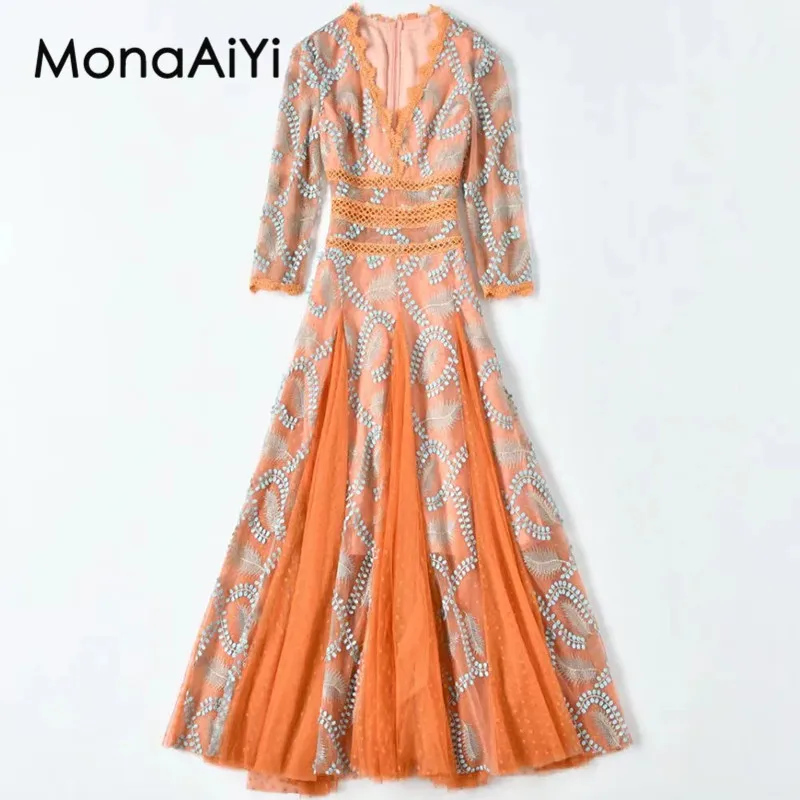 MonaAiYi-vestido de baile vintage para mulheres, vestido bordado, vestido oco, decote em v, manga três quartos, ocasião formal, outono