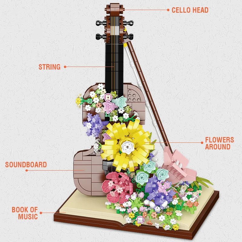 Creative Piano Violin Building Block DIY Mini Musical Instrument Eternal Flower Assembly Model Decoration Children Birthday Gift