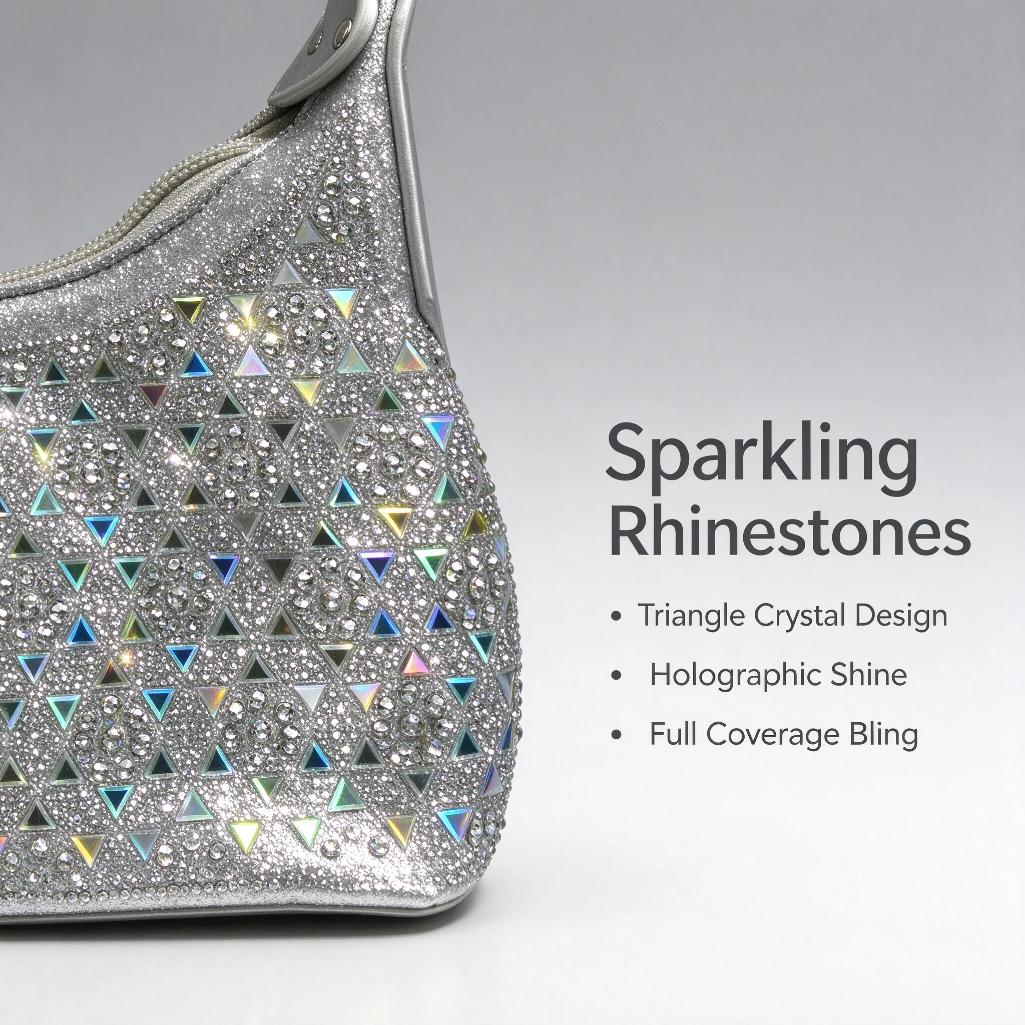 Women Rhinestone Evening Bag Silver Handbag Triangle Crystal Purse Chain Crossbody Shoulder Clutch Bag Wedding Party Prom