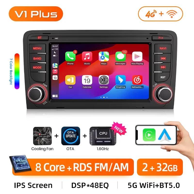 Junsun 7 inch draadloze CarPlay voor Apple Android Auto autoradio voor Audi A3 8P S3 RS3 2003-2012 GPS navigatie SWC Bluetooth FM RDS DSP IPS touchscreen auto intelligent systeem AI spraakbesturing 4G