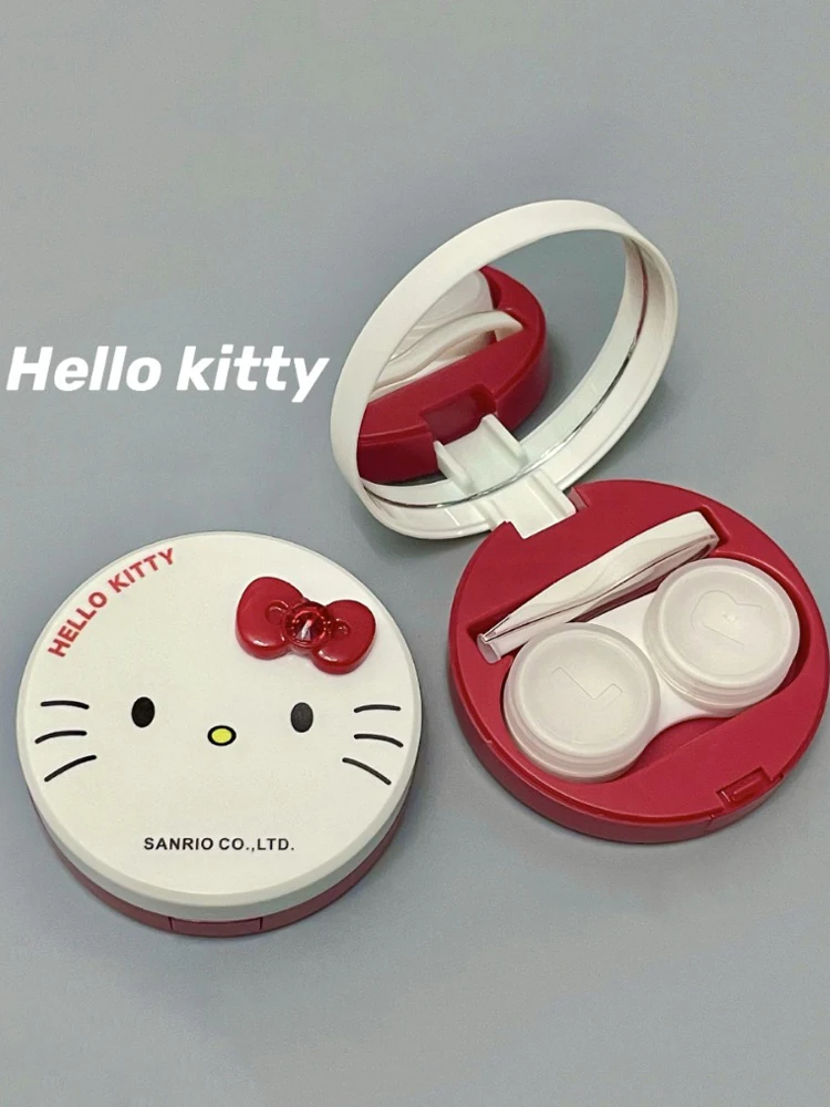 Étui à lentilles de contact portable, Hello Kitty, Sanurgente Round Care Box, Anime Girl, cadeau de dessin animé, miroir à cassette