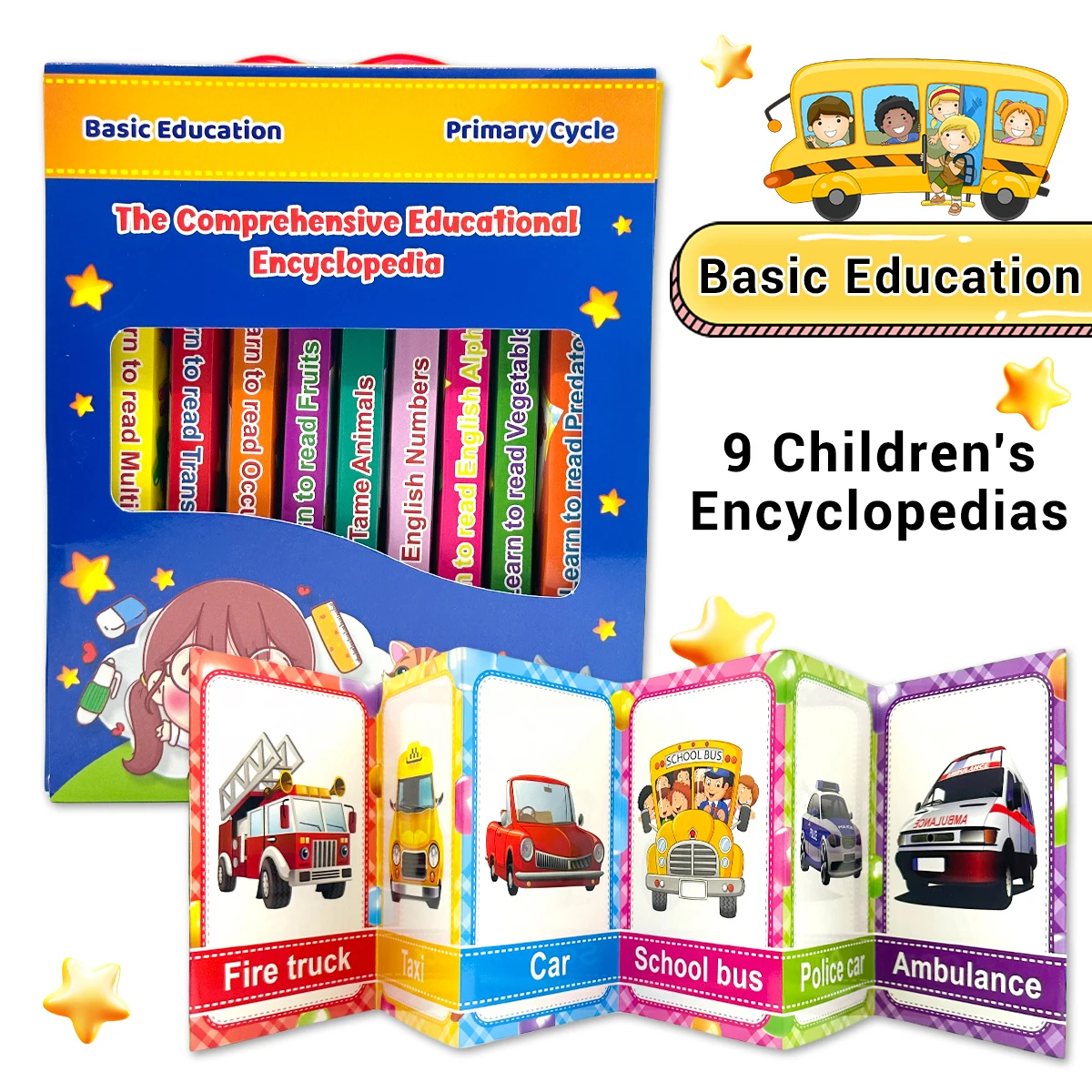 9 Bücher/Set: Erste Enzyklopädie für Kinder mit Akkordeon-Lernkarten, Themen: Tiere, Früchte, Transport, Berufe, die Kinder lieben