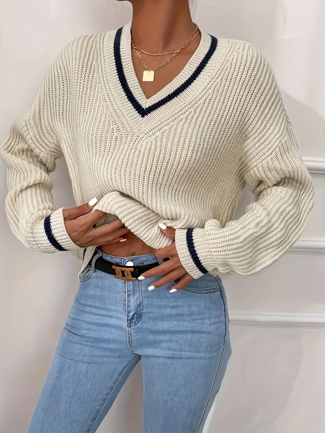 

Fall/Winter 2024 new wear V-neck casual simple pullover knit sweater