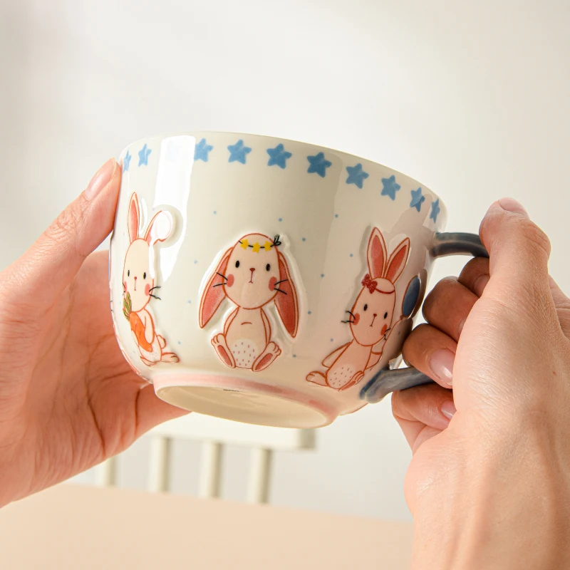 Ceramic Animal Embossed Teapot Water Pitcher Coffee Cup Saucer Milk Mug Tea Cup Relief Rabbit Design Spoon Drinkware Jug