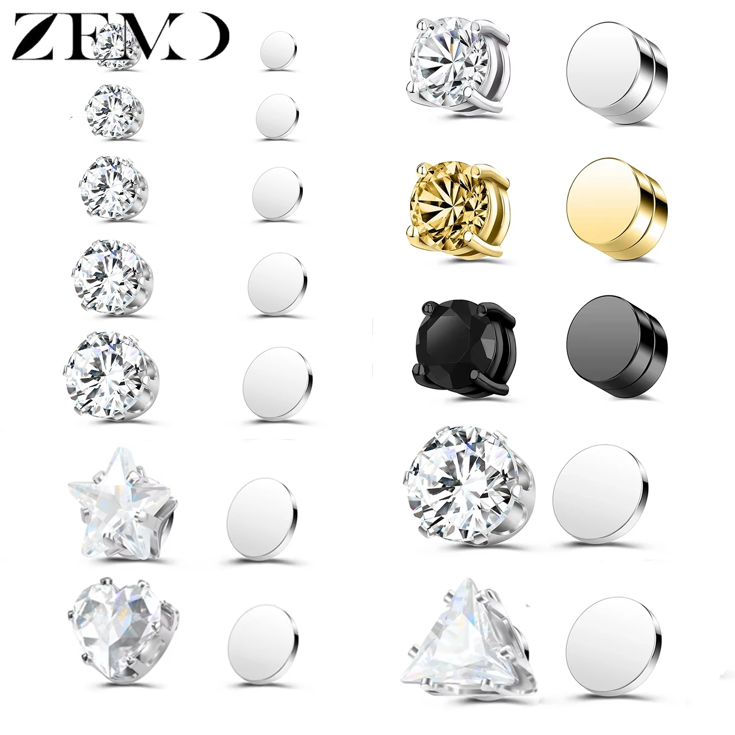 ZEMO 1 Stück 4-8MM Magnetische Clip-On Ohrringe Ohne Piercing Stern Herz Form CZ Kristall Ohrclip Ohne Ohrloch Ohrstecker Schmuck