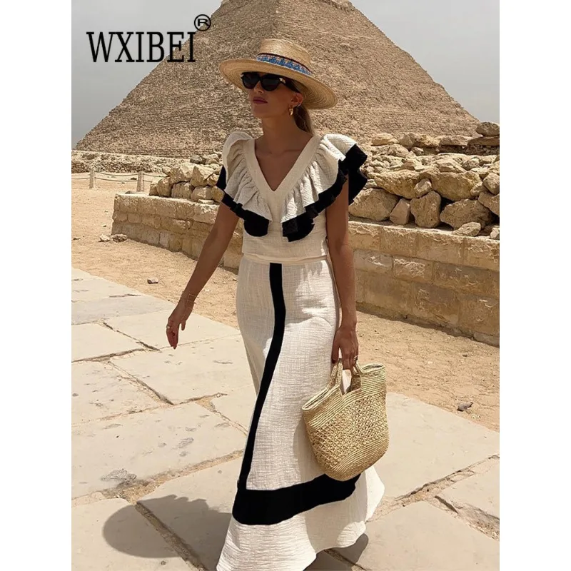 

WXIBEI Elegant Contrast High Waist Women Skirt Set Patchwork V Neck Sexy Backless Ruffles Crop Suit Summer Lady Holiday Outfits