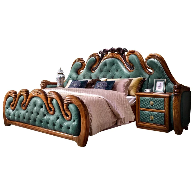 Ebony wood carving flower leather wedding bed luxury villa one bed two cabinets double bed
