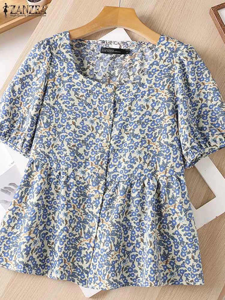 ZANZEA 2024 Summer Square Collar Tops Sweety Bohemian Blouse Fashion Women Floral Printed Shirts Holiday Pleating Office Tunics