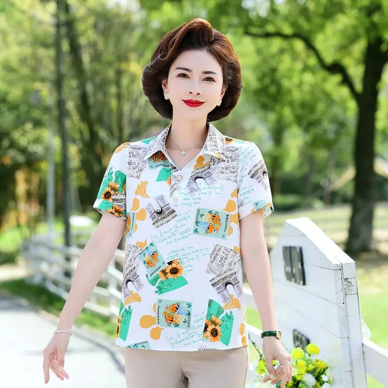 

New Style of Middle-aged Mother Short-sleeved Shirt Collar T-shirt Fashionable Loose Floral