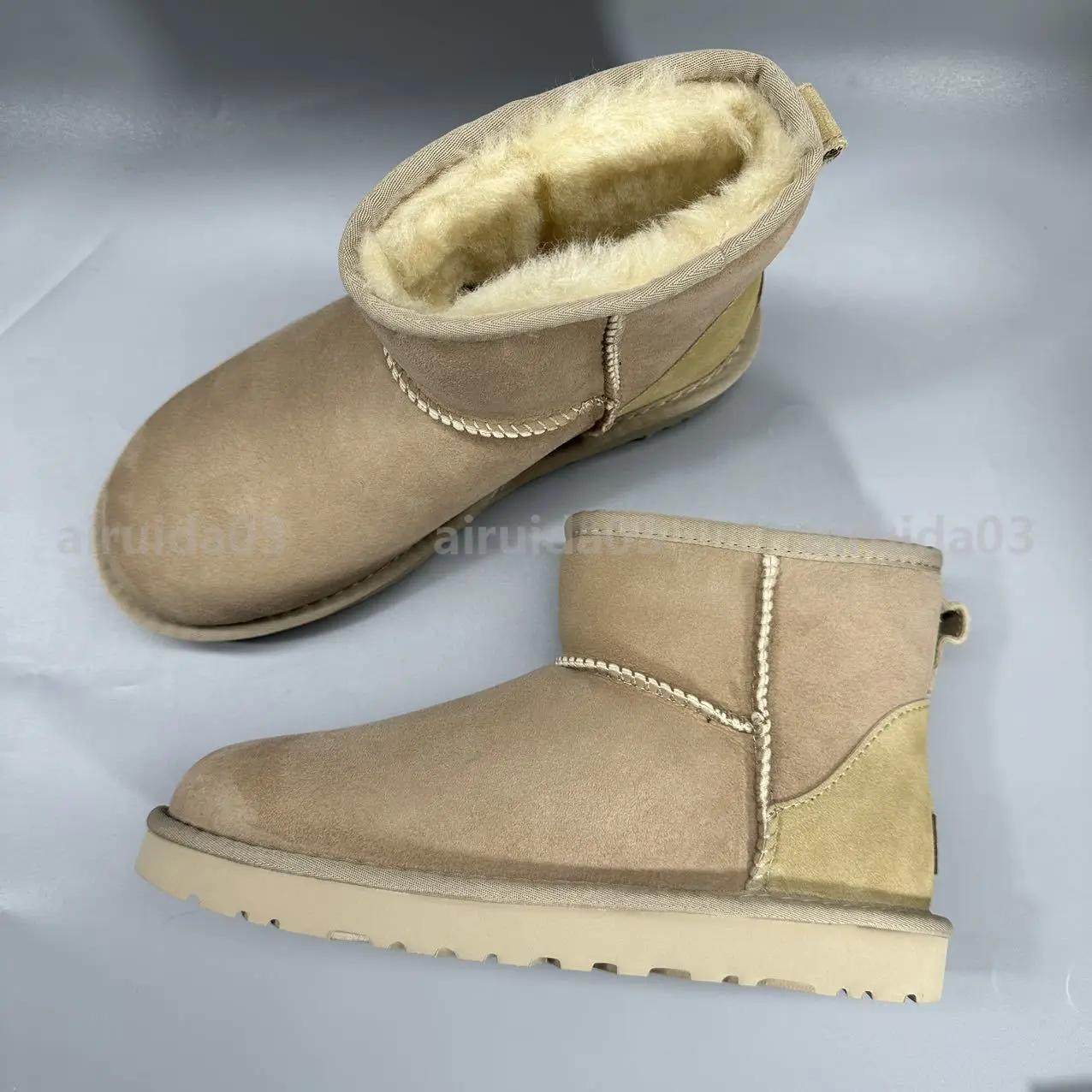 Super mini botas de neve para homens e mulheres, pele de carneiro real, lã, decotado, quente, sapatos femininos, inverno