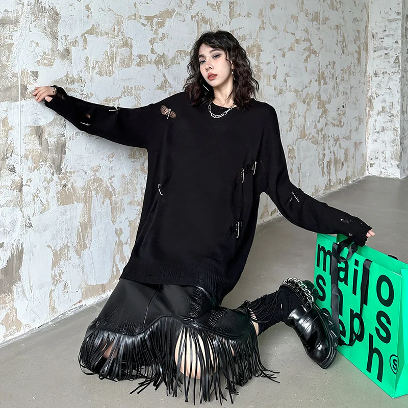 Tannt femmes pull trou irrégulier évider noir Long pull tricot asymétrie décontracté lâche tricot chandails femmes 2025