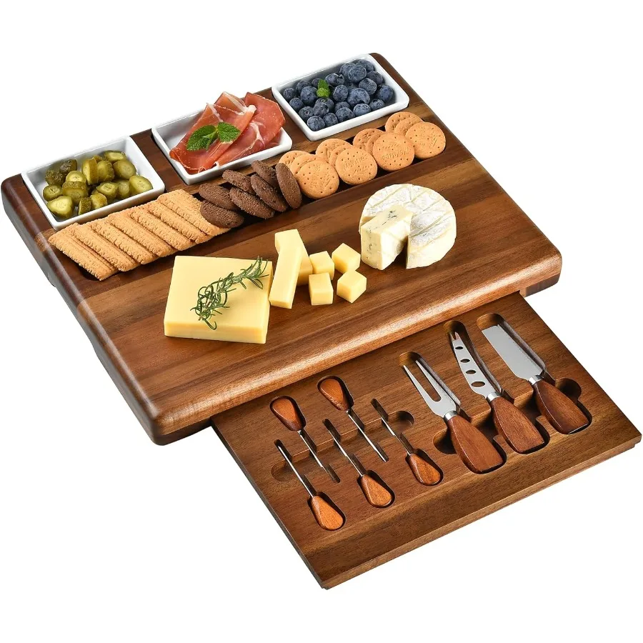 

Large Acacia Wood Charcuterie Board Set with 3 Removable Ceramic Bowls and Serving Utensils Housewarming Wedding Bridal Shower