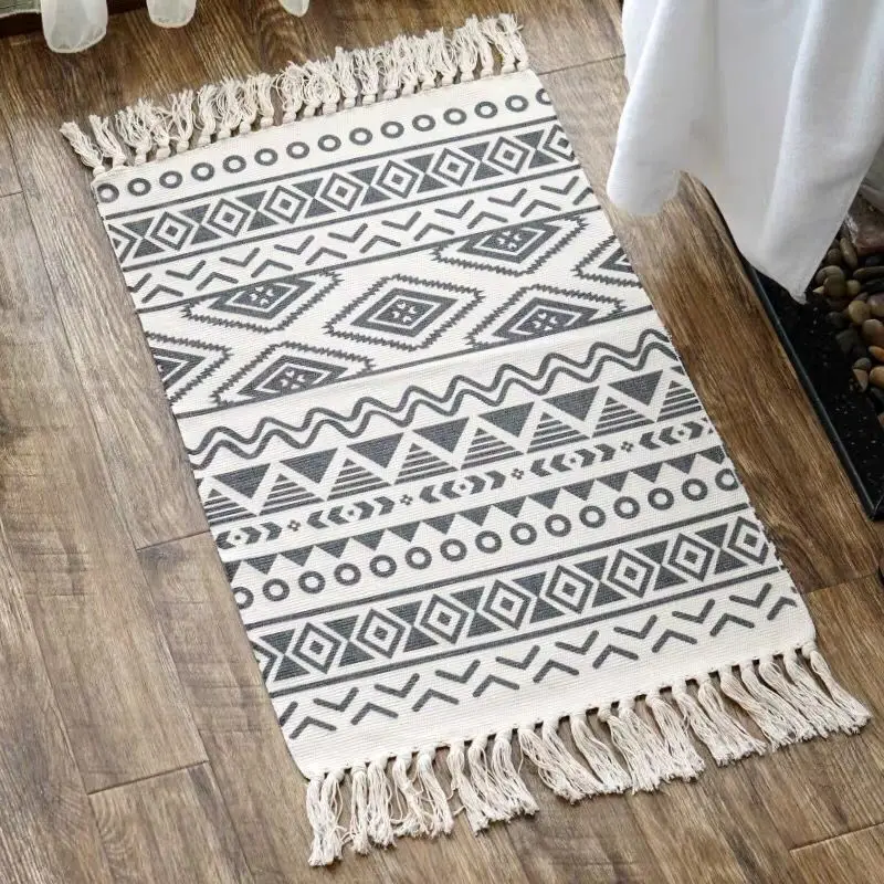 Hand Woven Cotton Linen Blend Floor Rug Cm Fringe Printed Bohemian Nordic Textile Mat In X Or Bedroom Bedside Living Room Decor