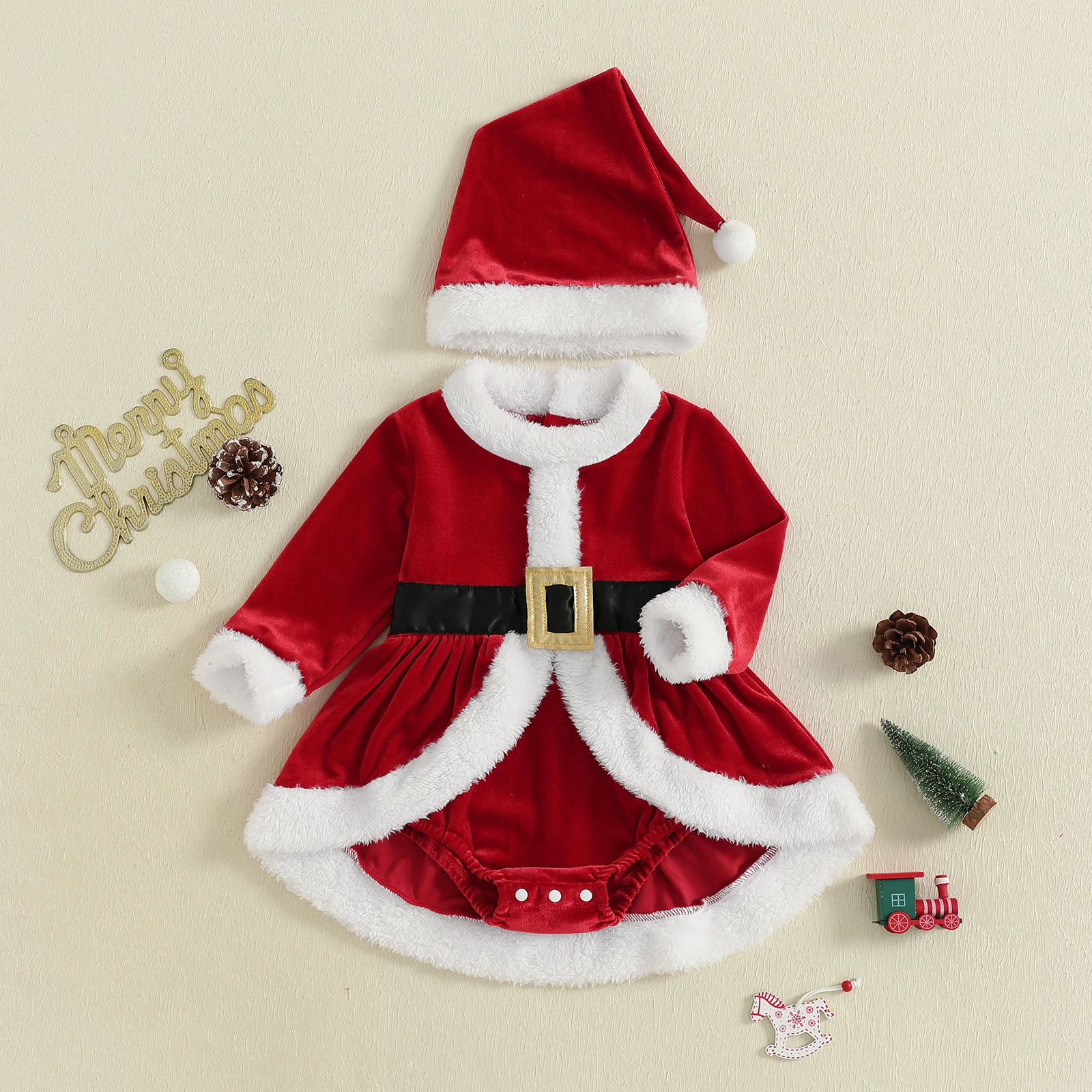 Рождественский комбинезон для маленьких девочек, плюшевые лоскутные комбинезоны с длинными рукавами и милый комплект шляпы Санта-Клауса для одежды для малышей
