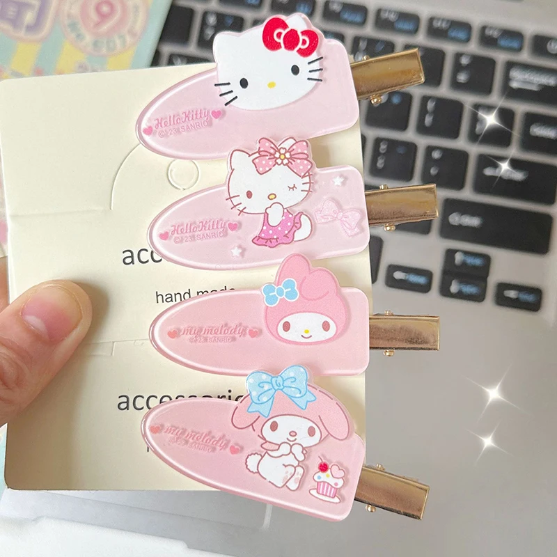 Sanrio-Pinza para el pelo Kawaii sin costuras para niños, pasador de 2 piezas, con dibujos de Hello Kitty, Kuromi, con flequillo, para pico de pato