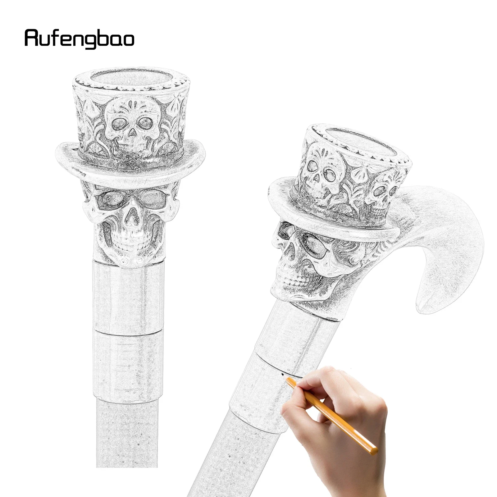 White Hat Skull Head Long Handle Walking Cane Fashion Cane Decorative Cane Halloween for Cosplay Parties Walking Stick 93cm