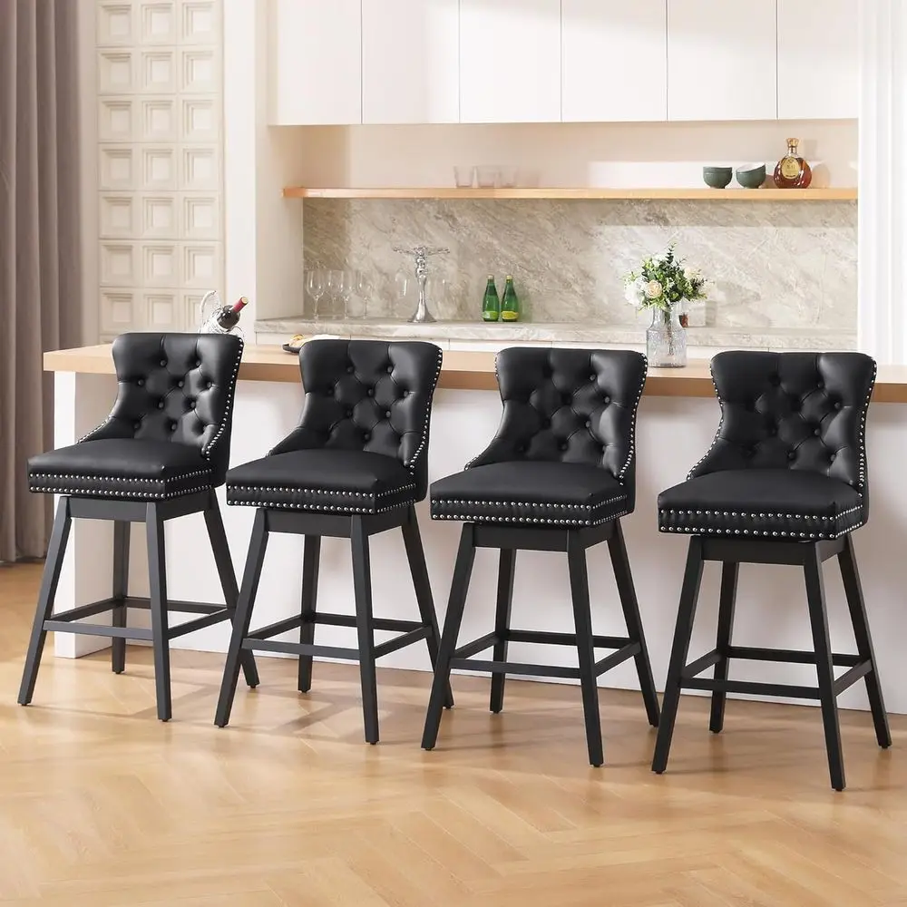 

Set of 4 Black Leather Swivel Bar Stools with Back, 30 Counter Height, Solid Wood Legs, Comfortable for Kitchen, Island, Home Ba