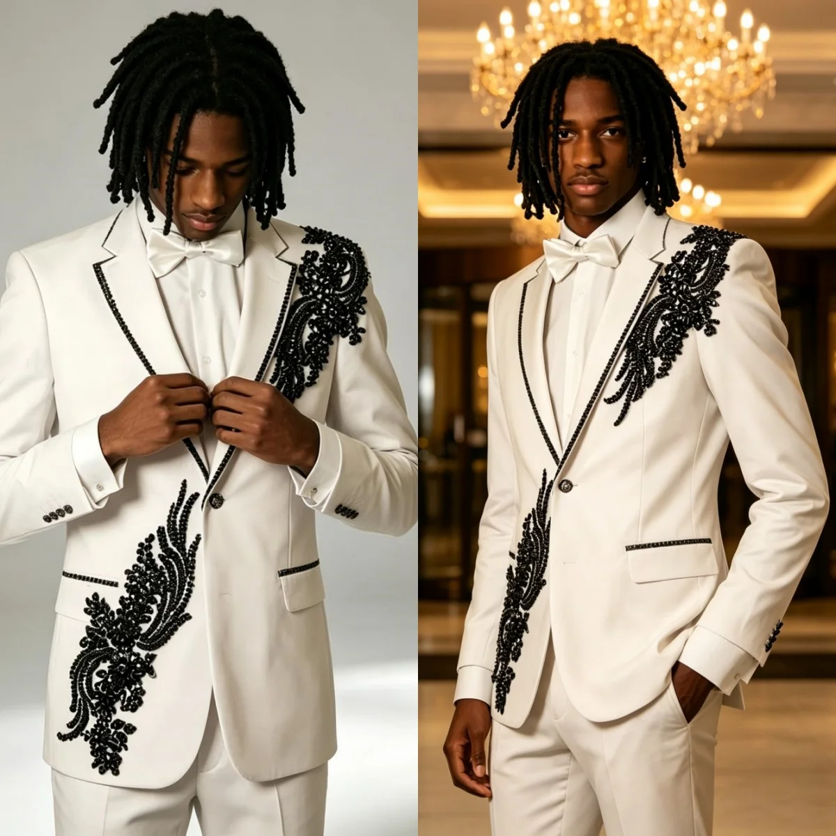 Elegant Wedding Tuxedos Beaded Crystal Notched Lapel Men Suit 2 Piece Set Jacket Pants Groom Blazers Evening Banquet Customized