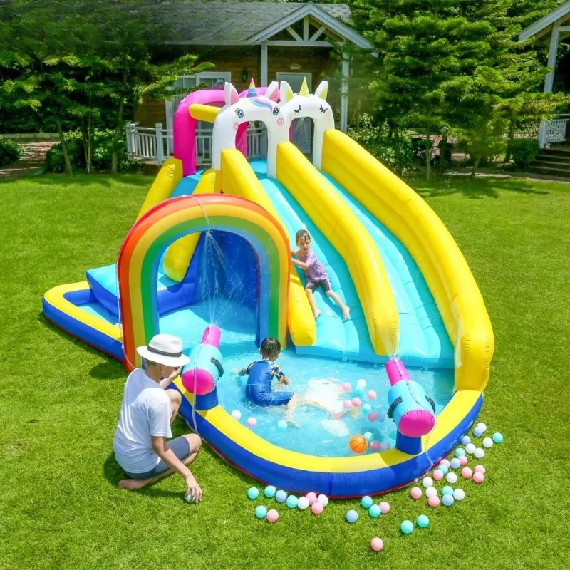 Kids Unicorn Inflatable Water Slide Bounce House, Oxford Cloth Puncture‑Resistant, Dual Slides Water Gun Backyard Play Toy