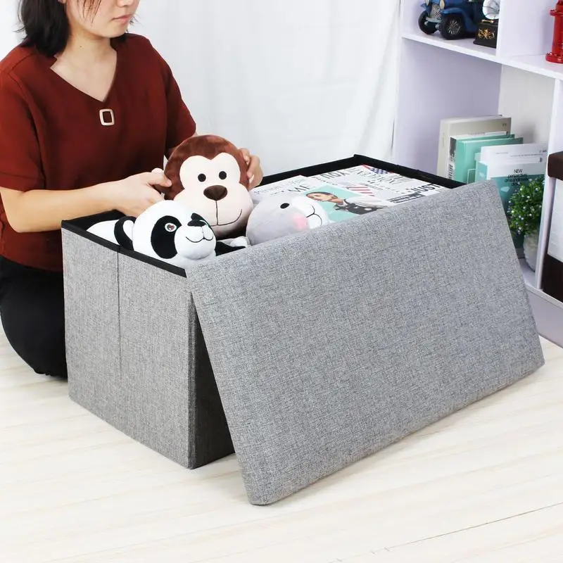 Ottoman Bench Seat Multifunctional Foldable Shoe Changing Stool Fabric Storage Bin Box Rectangular Storage Bin Box Cotton Linen