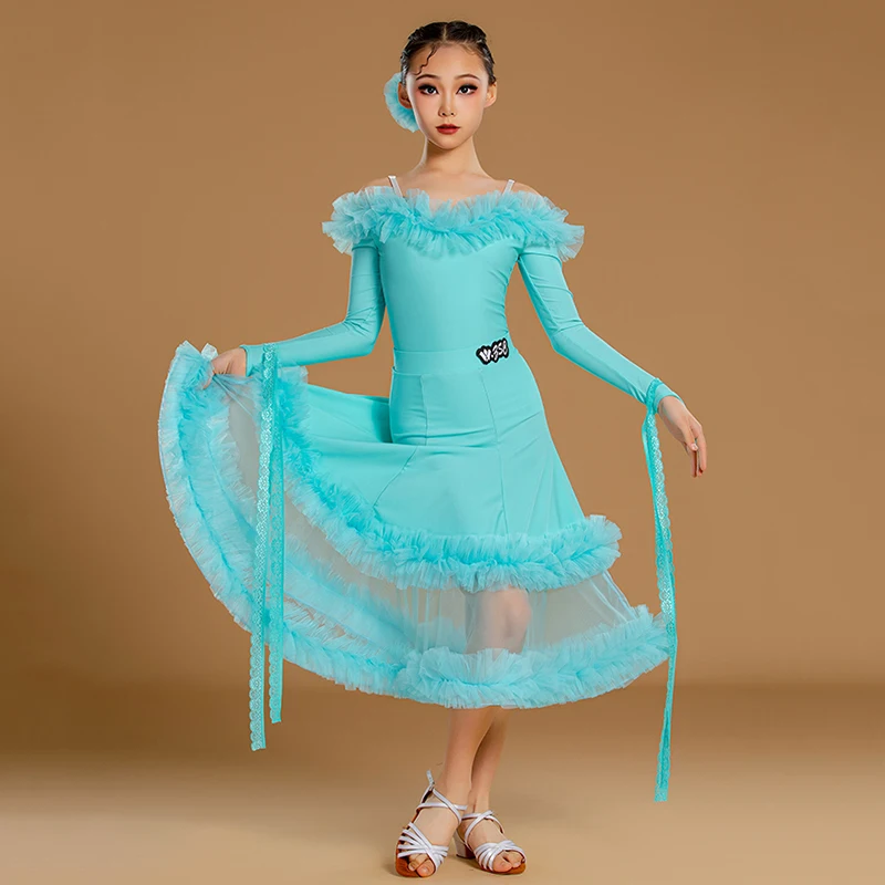 

Blue Kids Girls Waltz Tango Ballroom Dance Professional Dresses Bodysuit and Mesh Ruffles Large Skirts Modern Dancing Costumes