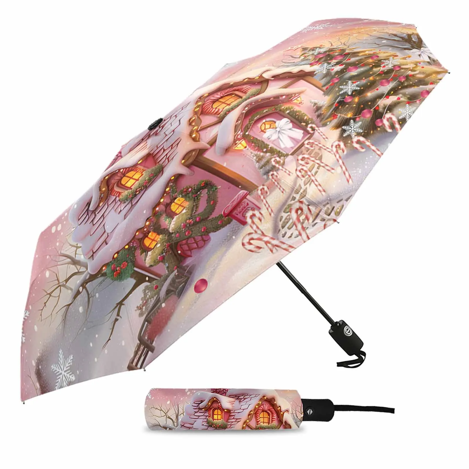 Christmas Candy House Snow View Countryside Fully-automatic Umbrella for Outdoor Adults Umbrella Foldable Eight Strand Umbrella