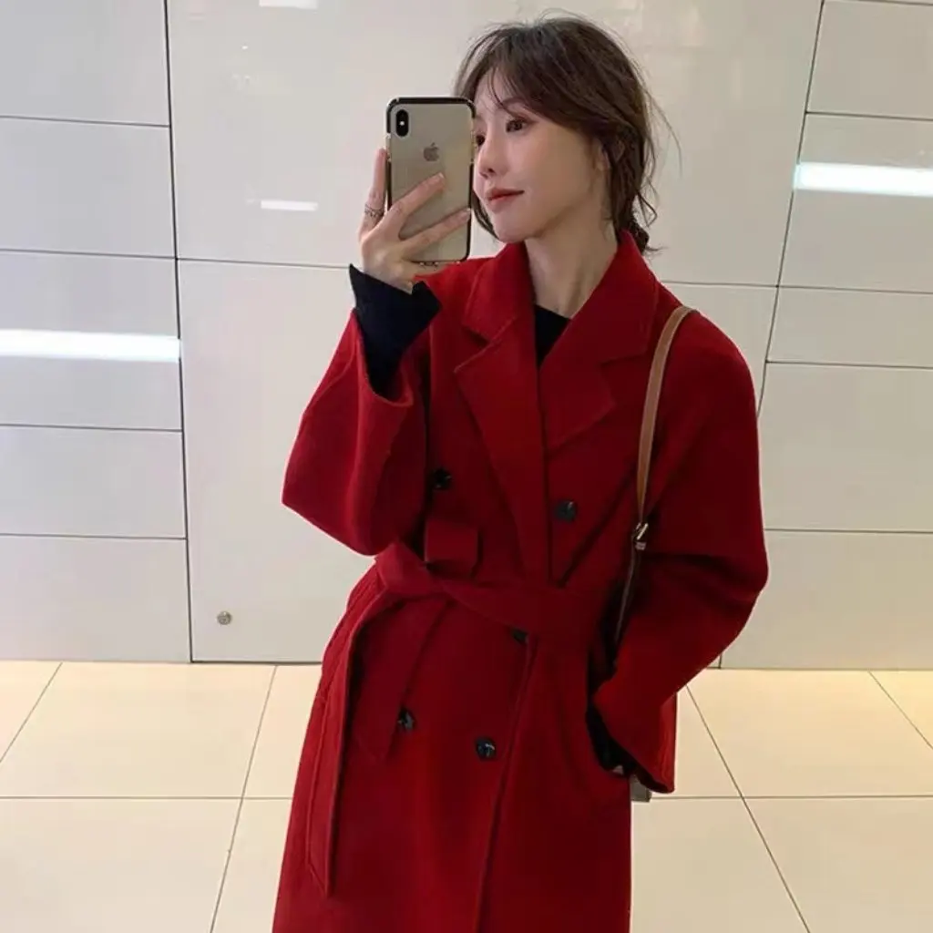 

Women's Double-breasted Double-sided Wool Coat Korean Style Loose Slim-fit Black Large Size for Autumn And Winter