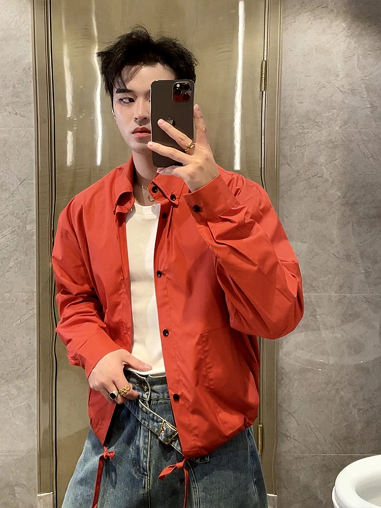 

Bri Red Long Sve irt ort Waist Cinched Men's Jaet Clean Fit Stand Edition Осенняя одежда Повседневная базовая одежда