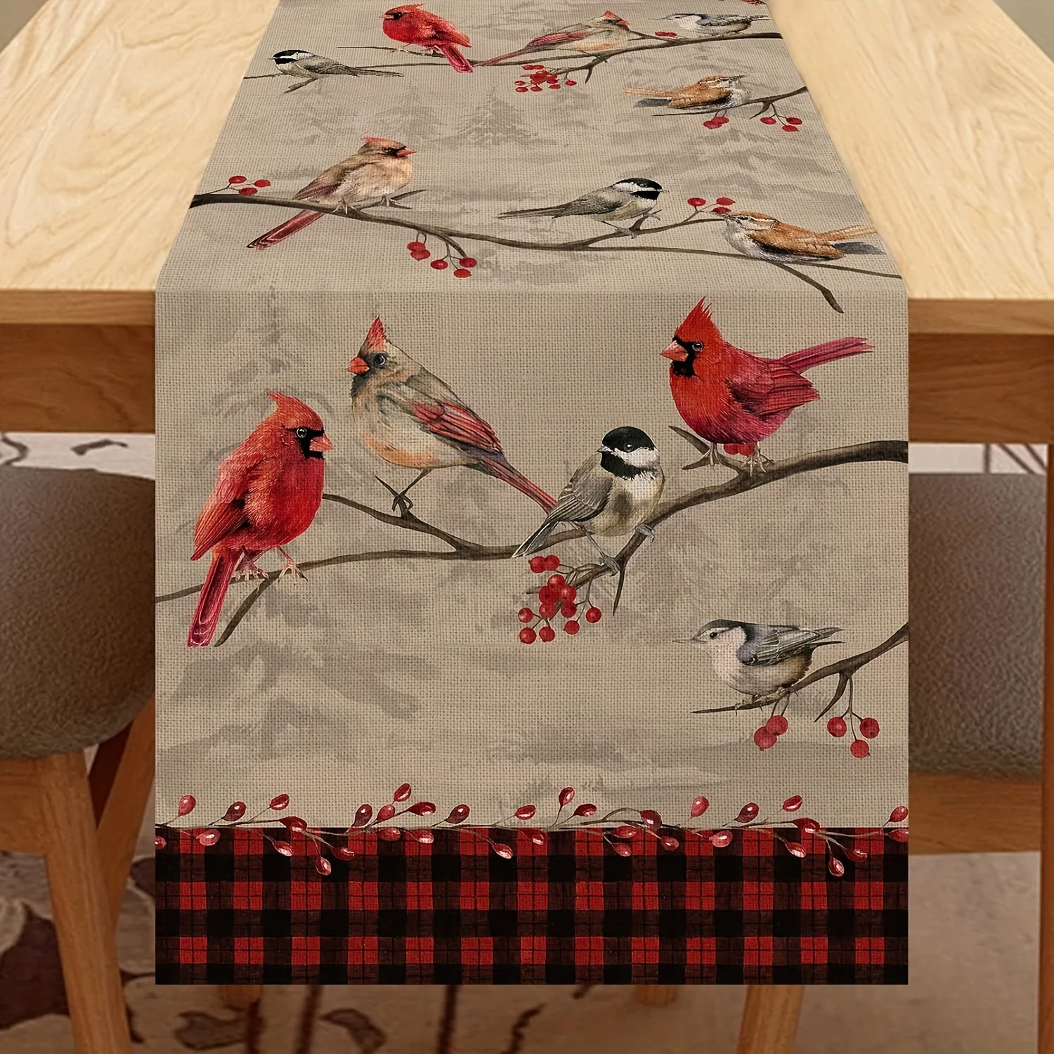 Retro Table Runner Featuring Birds On Branches, With Winter Cardinals And Chickadees, Designed In Red And Black Buffalo Plaid Fo