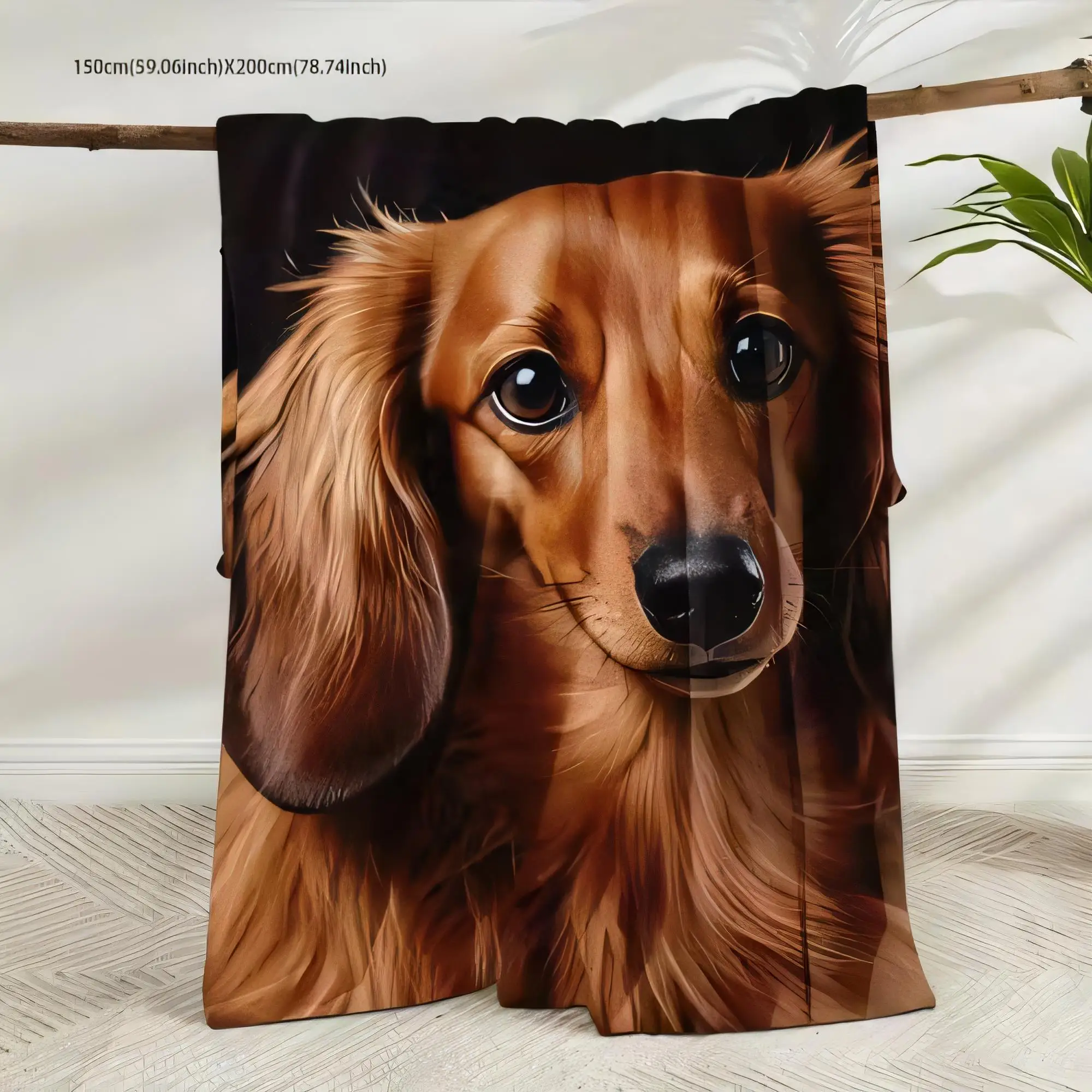 Realistic Long-Haired Dachshund Blanket 150cm x 200cm Soft Fabric Throw Curtain with Detailed Illustration Home Decor Gift for D