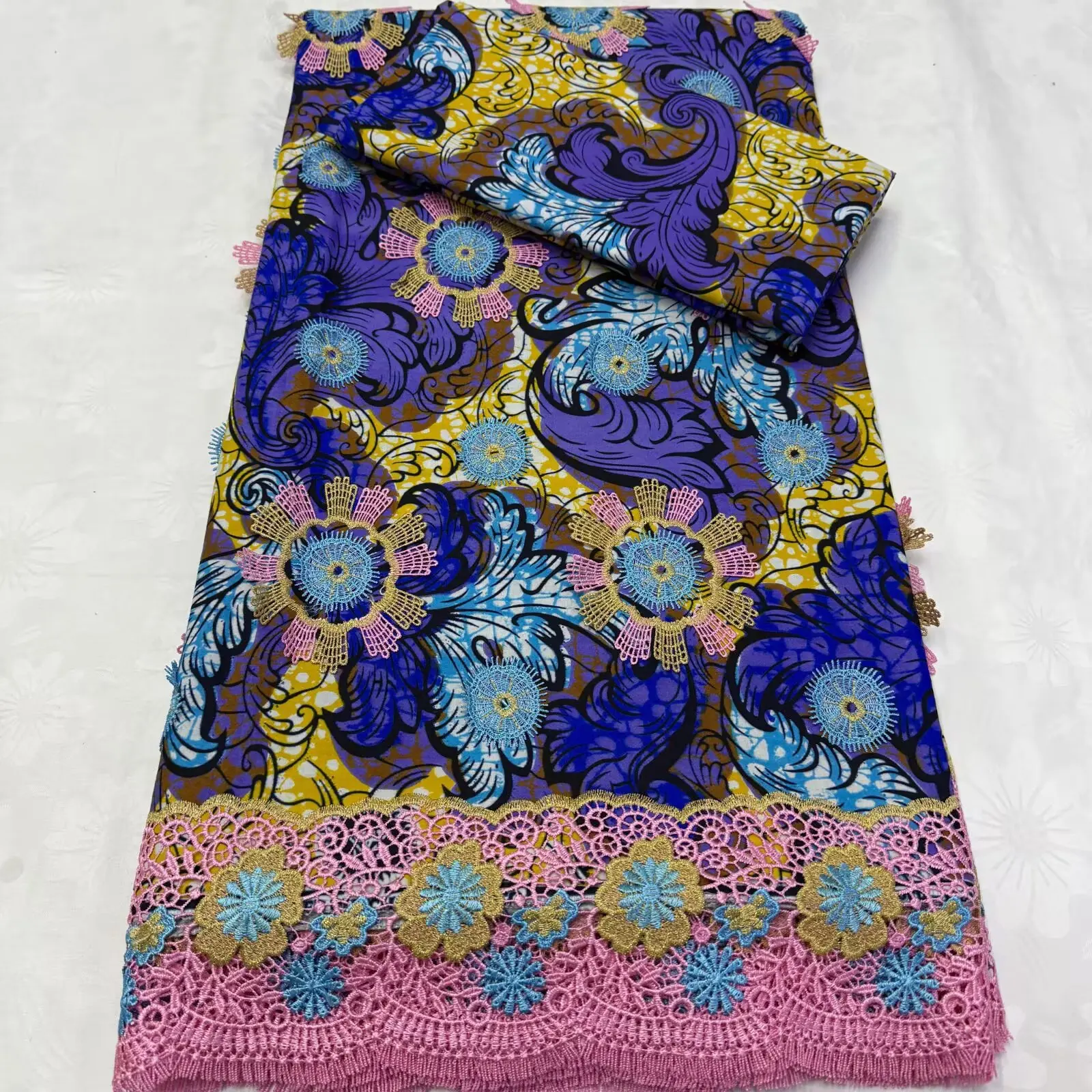   Renda Applique Vlisco Ultra Mewah 3 + 2Yard Kain Lilin Ankara Berat Afrika 3D Tali Bordir Penuh Bahan Renda Katun Lilin