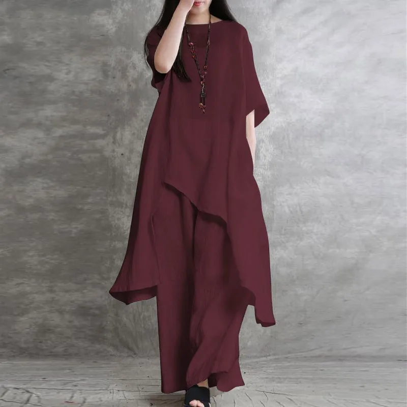 Temperament Elegant Cotton Linen Pants Sets Solid Color O-Neck Half Sleeve Irregular Hem Long Top and Wide Leg Pants Suits Lady