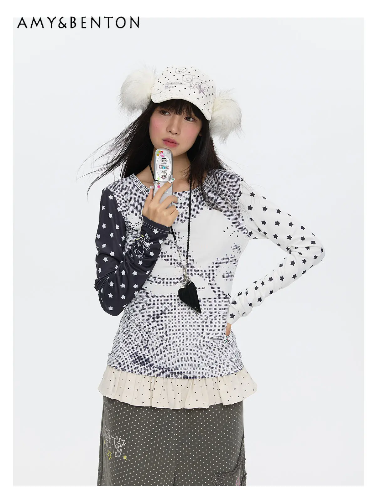 

Spring Summer Cute Cartoon Anime Pixel Polka Dot Patchwork Round Neck Long Sleeve Tee Tops Casual Streetwear for Women