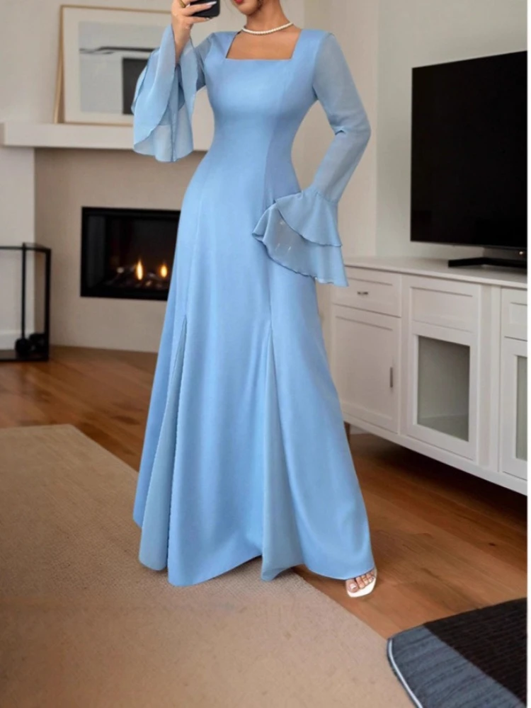 Blue Evening Dresses Women Square Collar High Quality Floor Length Sweep Train A Line Long Sleeves Banquet Celebrity Female Gown