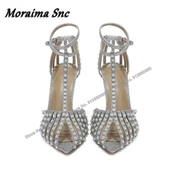 Moraima Snc Bling T Strap Rivet Women Sandals Pointed Toe Thin High Heels Shoes Ankle Buckle Women Stilettos Cover Heel Sandals