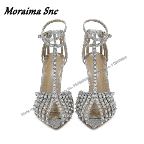 Moraima Snc Bling T Strap Rivet Women Sandals Pointed Toe Thin High Heels Shoes Ankle Buckle Women Stilettos Cover Heel Sandals