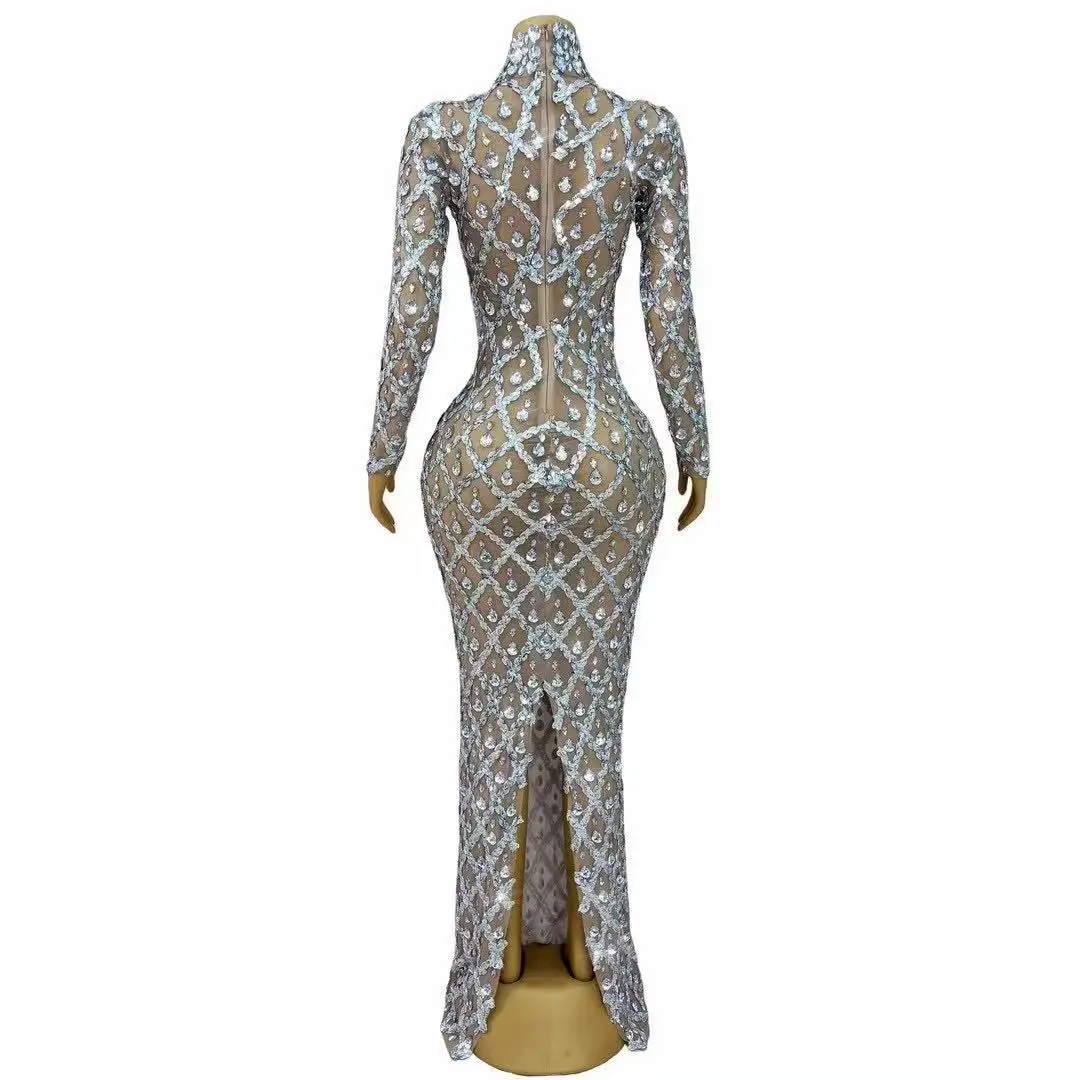 Sparkly Sequins Rhinestones Waist-exposed Dress Women Evening Prom Birthday Dress Sexy Transparent Performance Stage Wear
