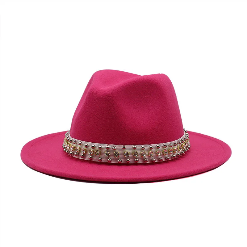 AliExpress-Chapéu Fedora cavalheiro feminino, chapéu de lã pérola europeu e americano, aba plana, chapéu de abas grandes, atacado