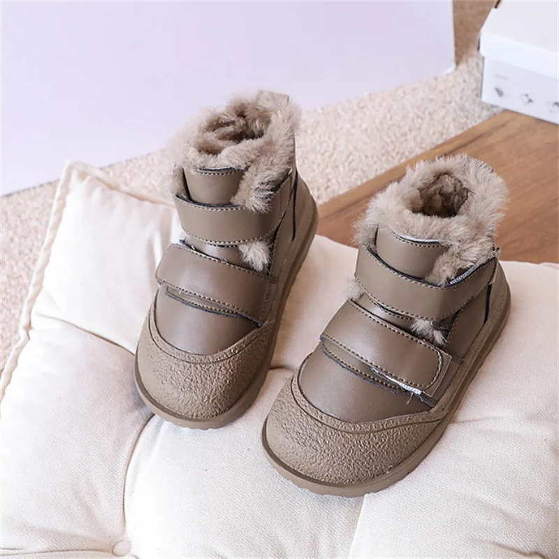 2024 New Winter Children Snow Boots For Boys Leather Waterproof Warm Fur Rubber Sole Fashion Girls Boots EU 26-33