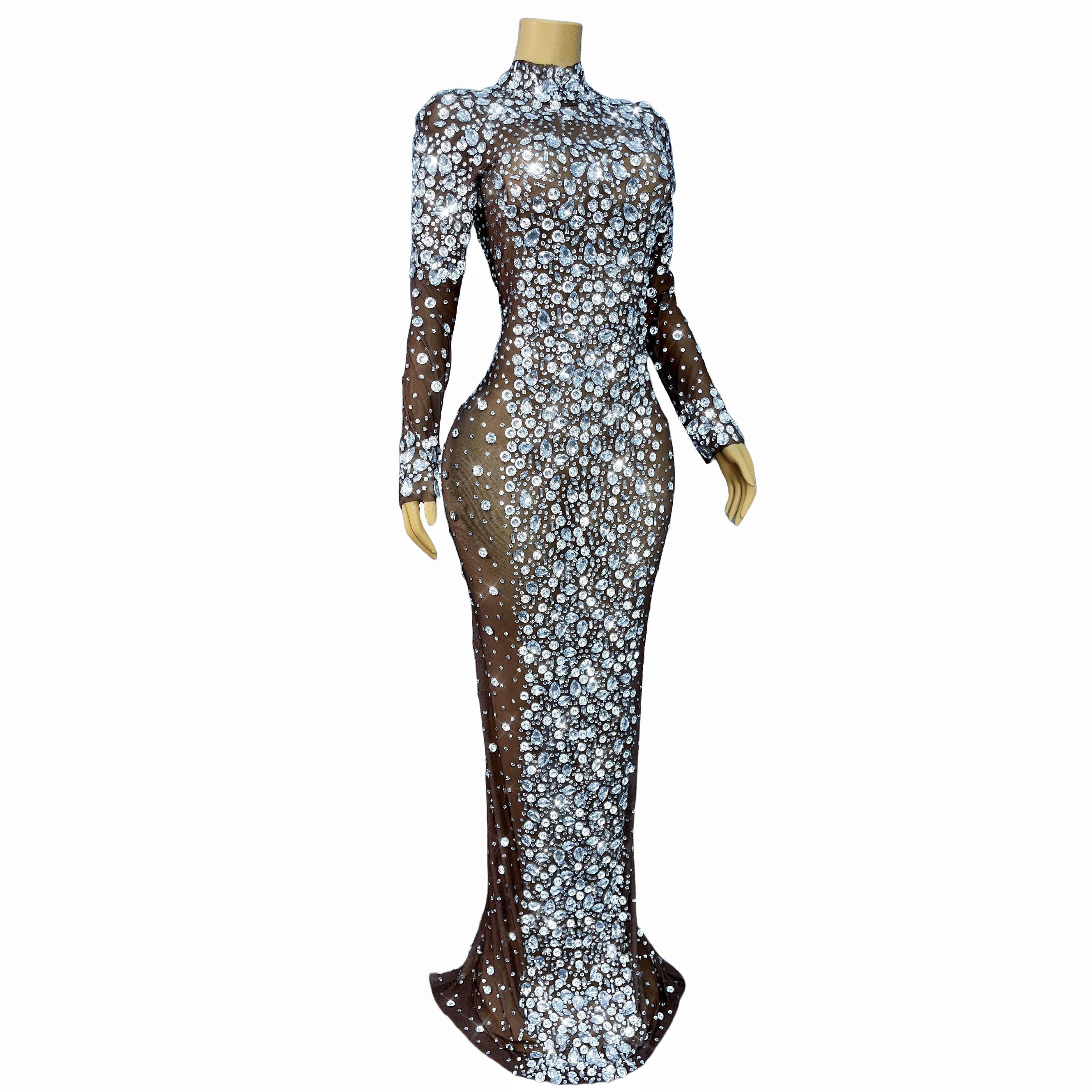 Blingbling srebrna duża suknia wieczorowa z kryształkami Lady eleganckie urodziny seksowne błyszczące rozciągliwe body ubrania taneczne cuixing