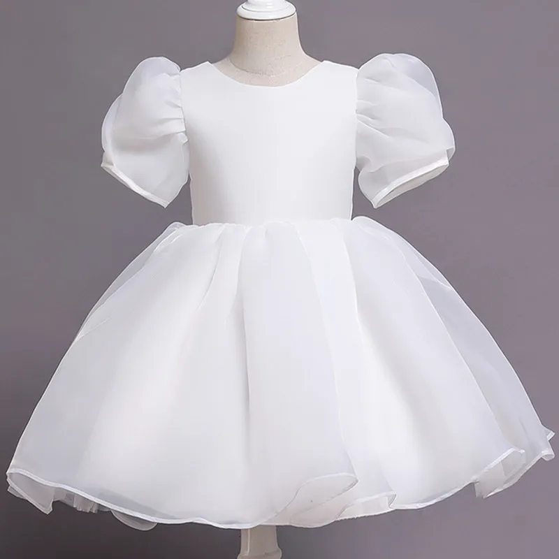 Girls Puff Sleeve Princess White Dresses For Wedding Kids Formal Birthday Sequin Party Prom Cloth Children Tulle Tutu Vestido