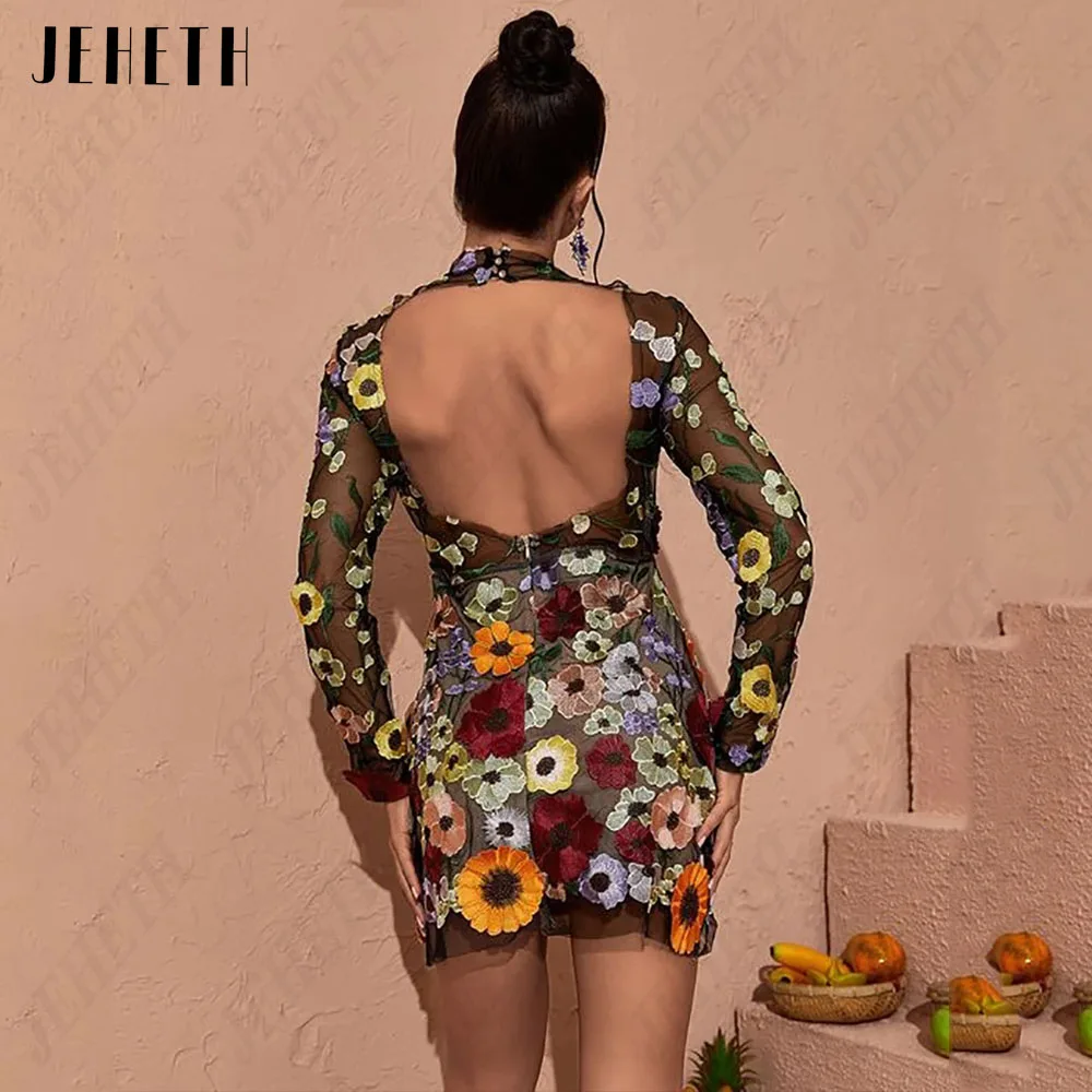 JEHETH Backless Embroidery Mini Prom Dresses Long Sleeves High Neck Floral Straight High Neck 3D Flowers Sexy Vestidos De Gala